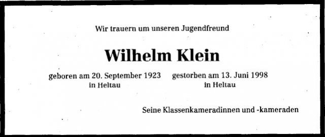 Klein Wilhelm 1923-1998 Todesanzeige